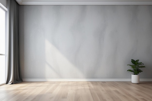 Quarto vazio com parede de gesso decorativo cinza e piso de madeira janela com cortinas cinzas parede vazia renderização 3d