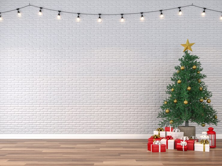 Foto quarto vazio com parede de tijolos brancos quarto decorado com árvores de natal 3d render