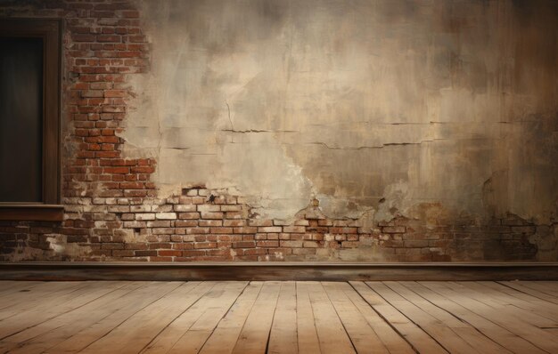 Foto quarto vazio com parede de tijolos e chão de madeira no estilo de bege escuro e branco audazmente texturizado