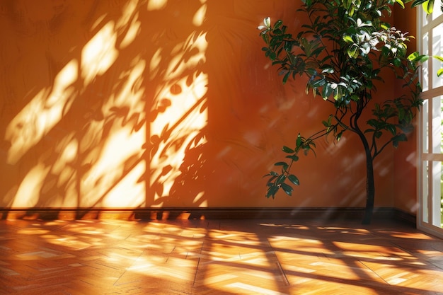 Quarto vazio com sombras de luz solar e chão de madeira