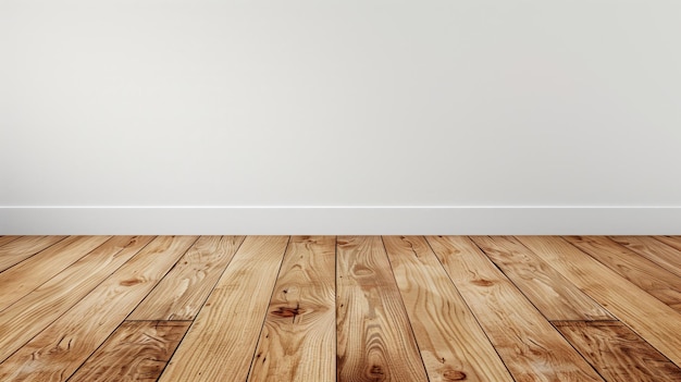 Quarto vazio com uma parede branca e piso de madeira texturizado