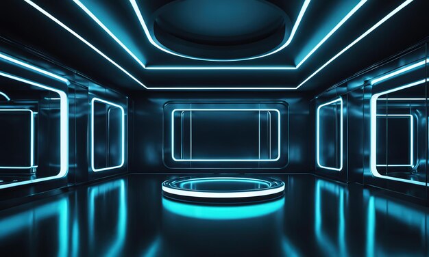 Foto quarto vazio, escuro, futurista, de ficção científica.
