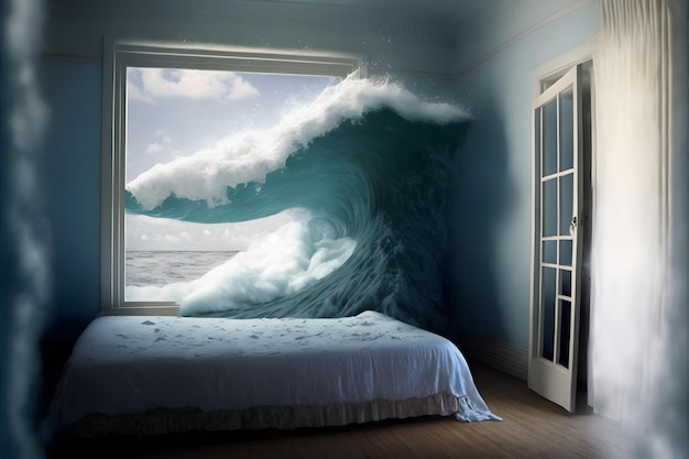 Quarto vazio genérico com cama de casal branca com onda do mar está prestes a cobri-lo arte gerada pela rede neural
