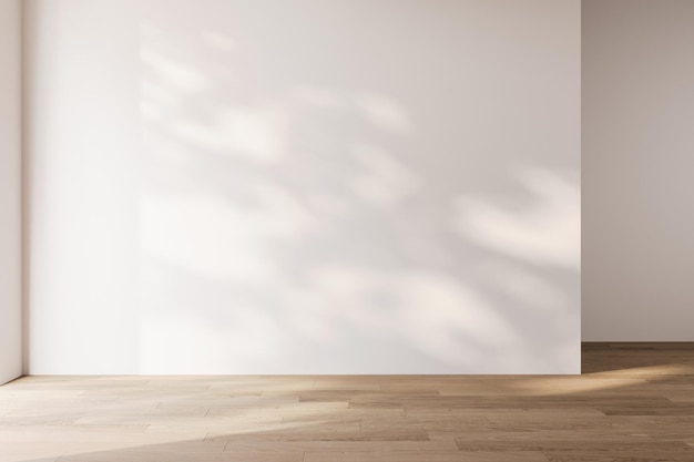 Quarto vazio interior espaço vazio fundo mock up luz solar e sombras paredes da sala sala com luz solar e folhas sombras e chão de parquet em branco de madeira