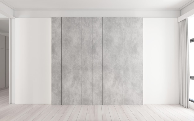 Quarto vazio minimalista com parede de padrão cinza e piso de madeira. Renderização 3d