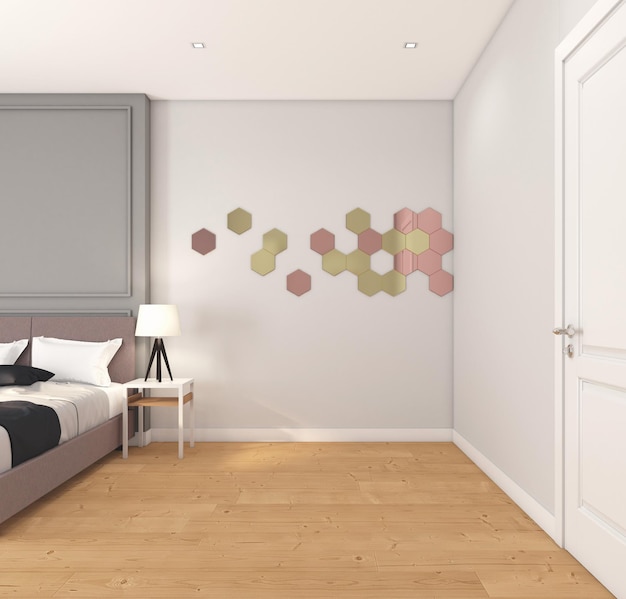 Quarto vazio nórdico com cama e mesa lateral, parede branca e piso de madeira. Renderização 3d