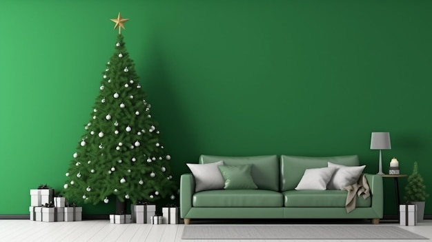 Quarto verde decorado para o Natal Interior de um lindo quarto decorado para o Natal