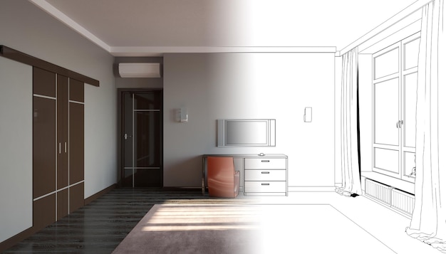 Quarto, visualização interior, ilustração 3d