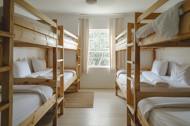 Foto quartos de albergue com camas de madeira, roupas de cama brancas, luz natural da janela.