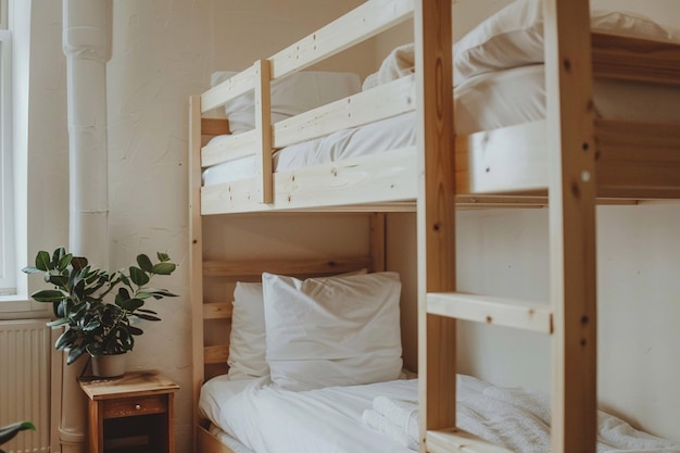 Foto quartos de albergue com camas de madeira, roupas de cama brancas, luz natural da janela.