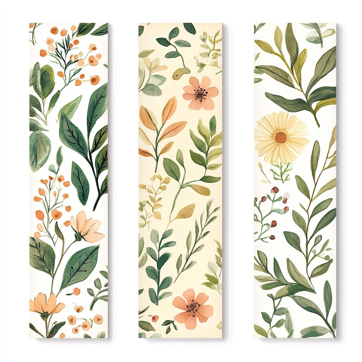 Foto quatro adesivos de tiras orgânicas longas com desenhos florais em aquarela, texturas de polpa de papel e vibrações ecológicas em verdes pastel e bege quente sobre um fundo branco plano