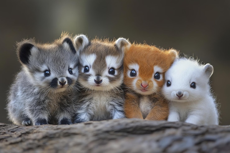 Foto quatro adoráveis filhotes de animais posando juntos