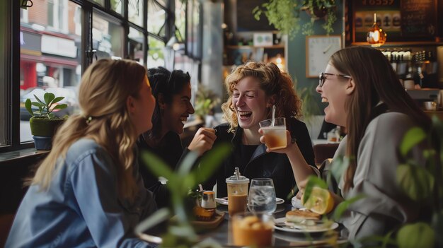 Quatro amigas diversas rindo e desfrutando de bebidas e comida em um café