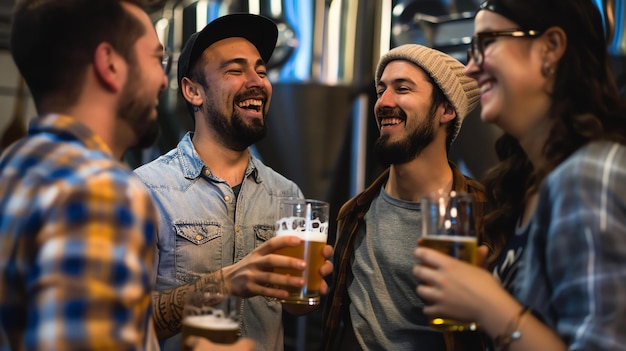 Foto quatro amigos a desfrutar de cerveja artesanal numa cervejaria estão a rir-se e a bater os copos juntos.