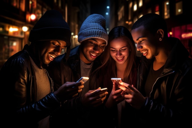 Quatro amigos a olhar para os telemóveis à noite.