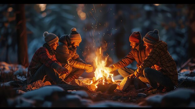 Foto quatro amigos acampando juntos na floresta eles estão sentados em torno de uma fogueira rindo e falando a neve está caindo e as árvores estão nuas