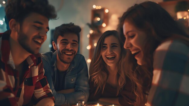 Quatro amigos alegres rindo juntos enquanto estão sentados em uma mesa e desfrutando de um jantar à luz de velas em casa