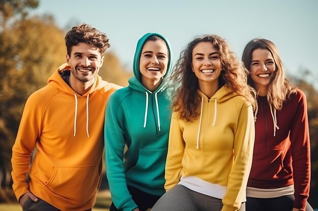 Quatro amigos com capuzes coloridos olham para a câmera e sorriem foto horizontal