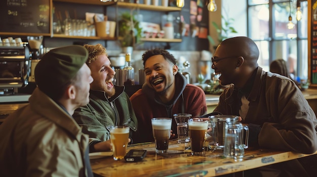 Quatro amigos diversos rindo e desfrutando de café em um café