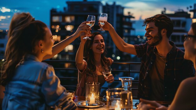 Foto quatro amigos estão a desfrutar de uma festa no telhado ao pôr-do-sol. estão a rir, a falar e a brindar com copos de champanhe.