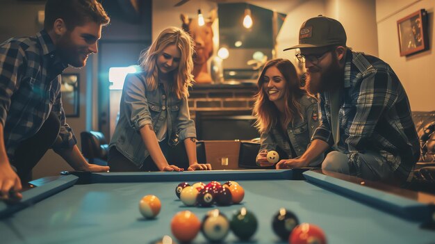 Foto quatro amigos estão a jogar bilhar num bar, estão todos a sorrir e a divertir-se, o homem em primeiro plano está prestes a dar um tiro.