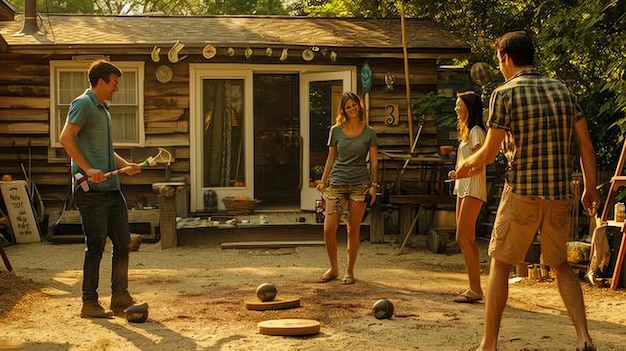 Foto quatro amigos estão a jogar bocce no quintal de uma cabana. estão todos a sorrir e a divertir-se.