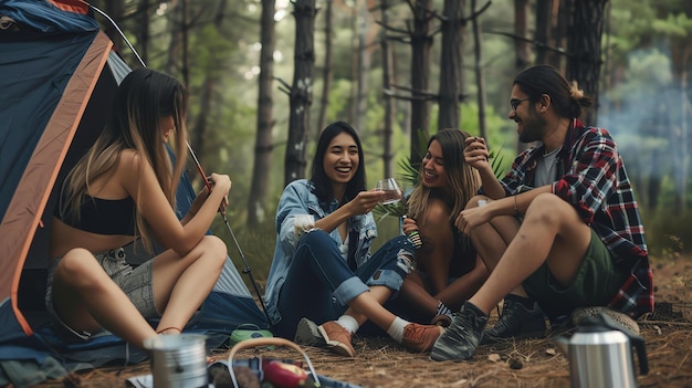 Foto quatro amigos estão acampando na floresta eles estão sentados em torno de uma fogueira rindo e falando eles estão se divertindo muito