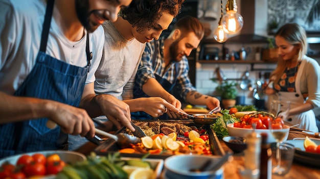 Quatro amigos estão cozinhando juntos em uma cozinha. Todos estão sorrindo e rindo e parecem estar se divertindo. Há comida no balcão.