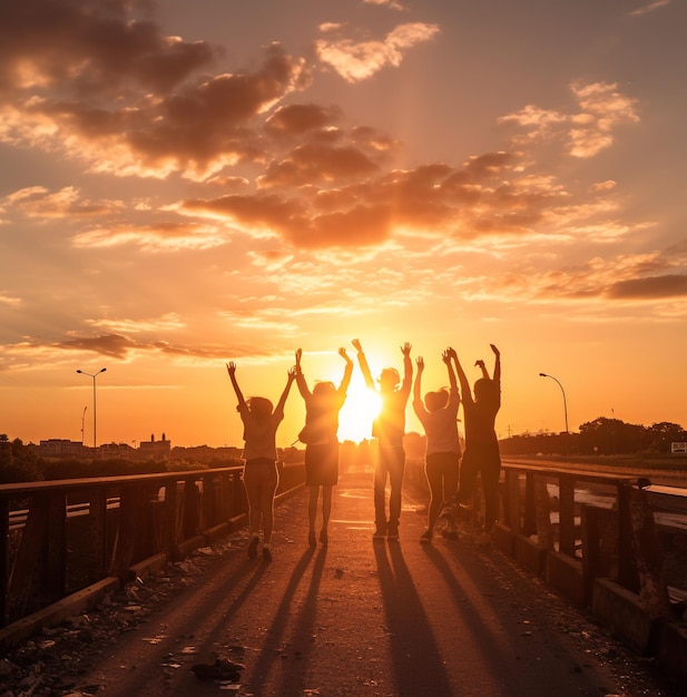 Quatro amigos estão levantando os braços no ar ao pôr-do-sol.