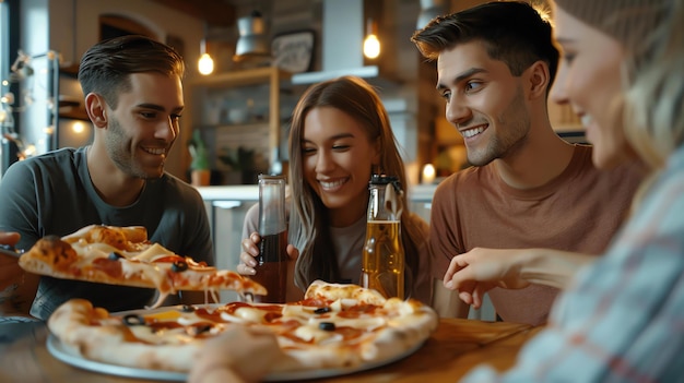 Quatro amigos estão sentados em torno de uma mesa em um restaurante comendo pizza e bebendo cerveja