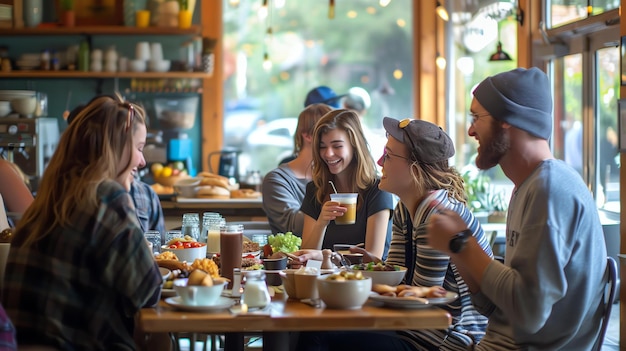 Foto quatro amigos estão sentados em uma mesa em um restaurante desfrutando de uma refeição e conversa