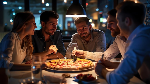 Quatro amigos estão sentados em uma mesa em um restaurante. Eles estão comendo pizza e bebendo vinho.