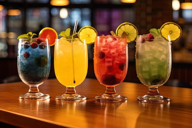 quatro bebidas diferentes com frutas e sorvete sobre eles