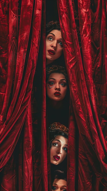 Quatro belas cabeças de senhoras que olham e cortina de teatro vermelho escuro
