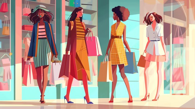 Quatro belas mulheres estão caminhando pela rua todas vestindo roupas elegantes e carregando sacos de compras