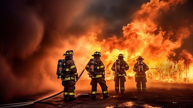 Quatro bombeiros estão em frente a um grande incêndio.