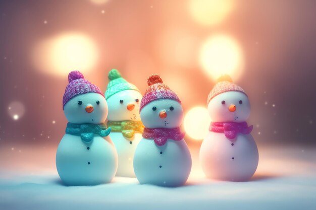 Foto quatro bonecos de neve na frente de um fundo bokeh