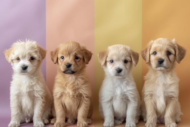 Quatro cachorros adoráveis sentados em frente a um fundo multicolorido