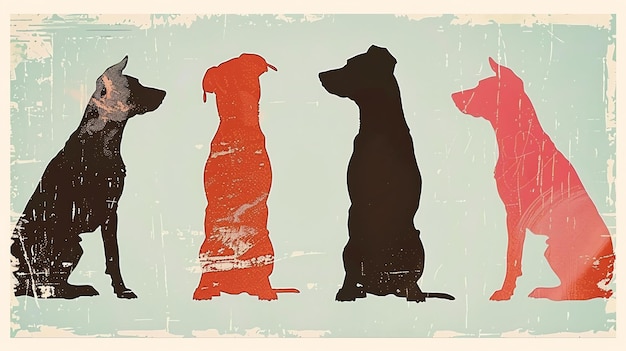 Foto quatro cães de raças diferentes estão sentados um ao lado do outro. os cães estão em silhueta e são uma mistura de preto, castanho e vermelho.