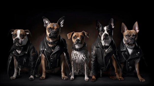 Quatro cães em jaquetas de couro estão em fila.