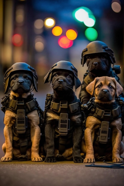 Quatro cães em uniformes militares sentam-se em fila.