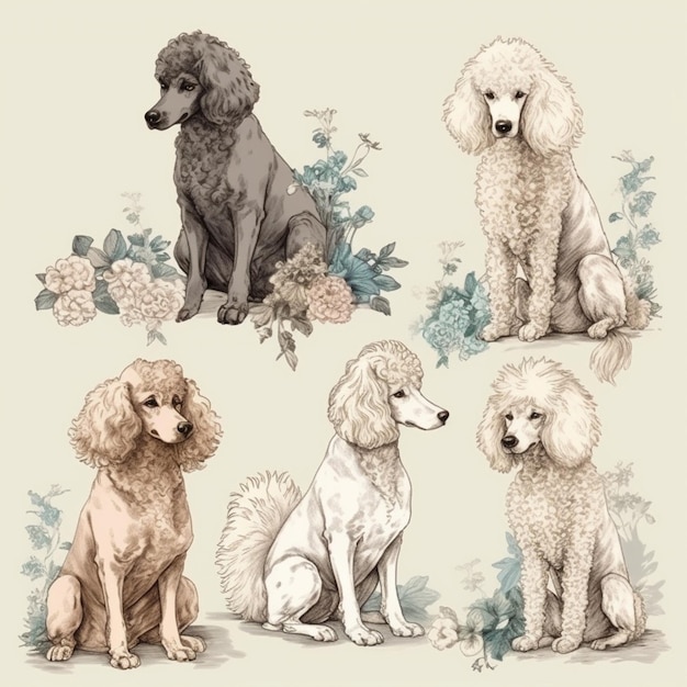 quatro cães poodle de cores diferentes sentados em uma fila em um fundo floral generativo ai