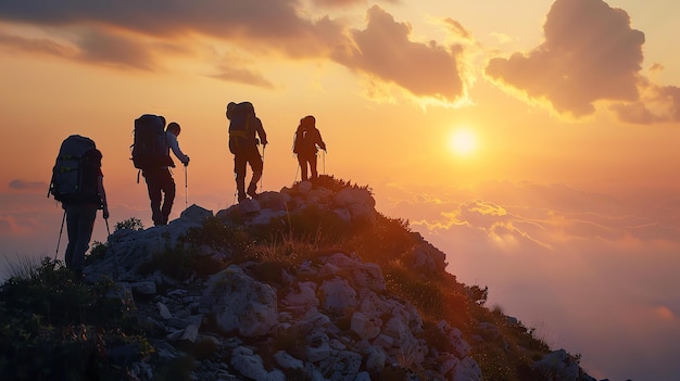 Quatro caminhantes no topo de uma montanha ao pôr do sol o céu é laranja e as nuvens são cor-de-rosa os caminhantes estão em silhueta