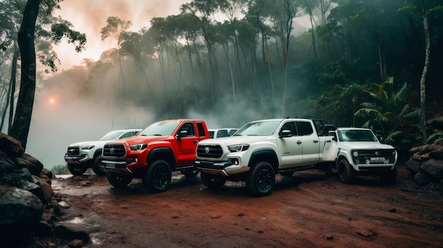 Foto quatro caminhões estacionados numa estrada de terra