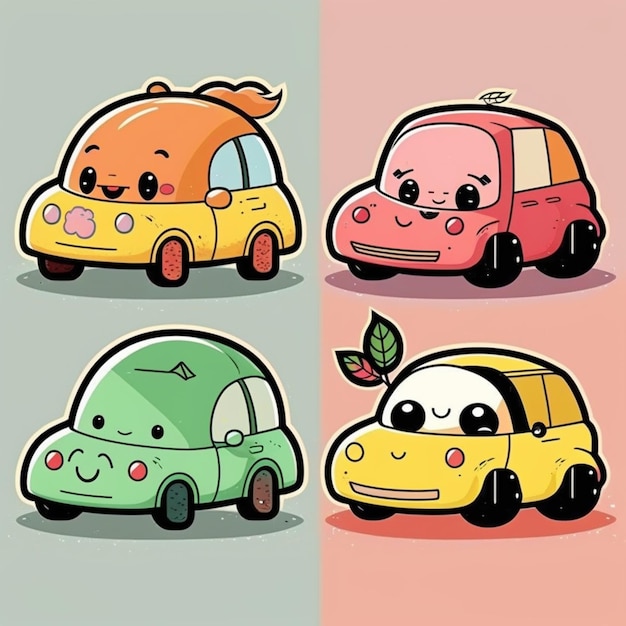 Foto quatro carros de desenho animado com rostos e cores diferentes