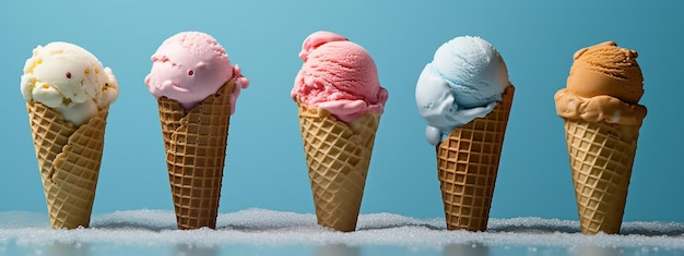 Quatro casquinhas de sorvete estão em um fundo azul.