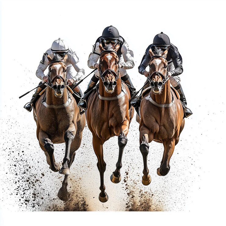 Foto quatro cavalos com o número 5 nas costas estão correndo