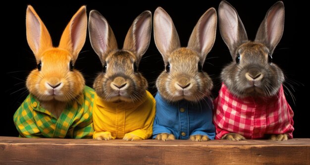 Foto quatro coelhos de camisas coloridas sentados em uma mesa de madeira