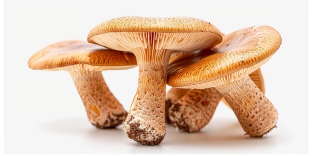 Quatro cogumelos castanhos com fundo branco