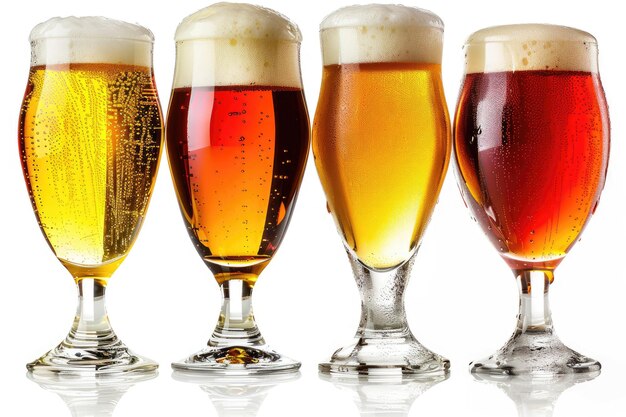 Foto quatro copos com cervejas diferentes em um fundo branco o arquivo contém um caminho para cortar